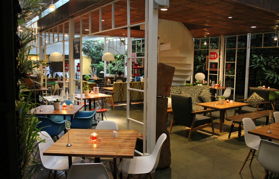 Restaurant dining room with solid timber tables, moulded side chairs and patterned lounge seating
