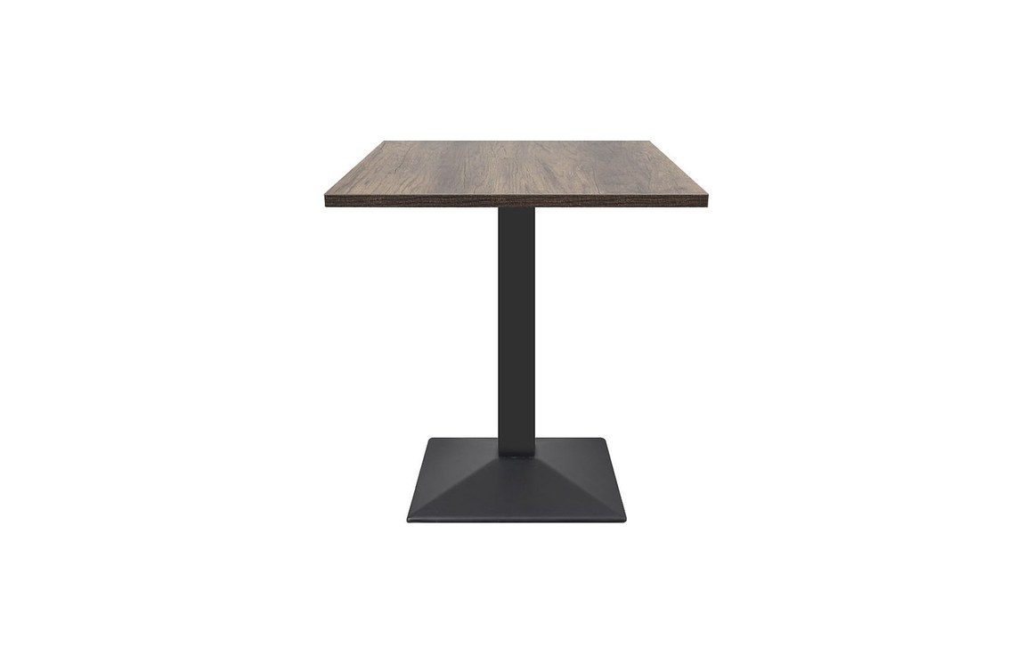 Square restaurant table with wood-grain melamine top and black iron pedestal base