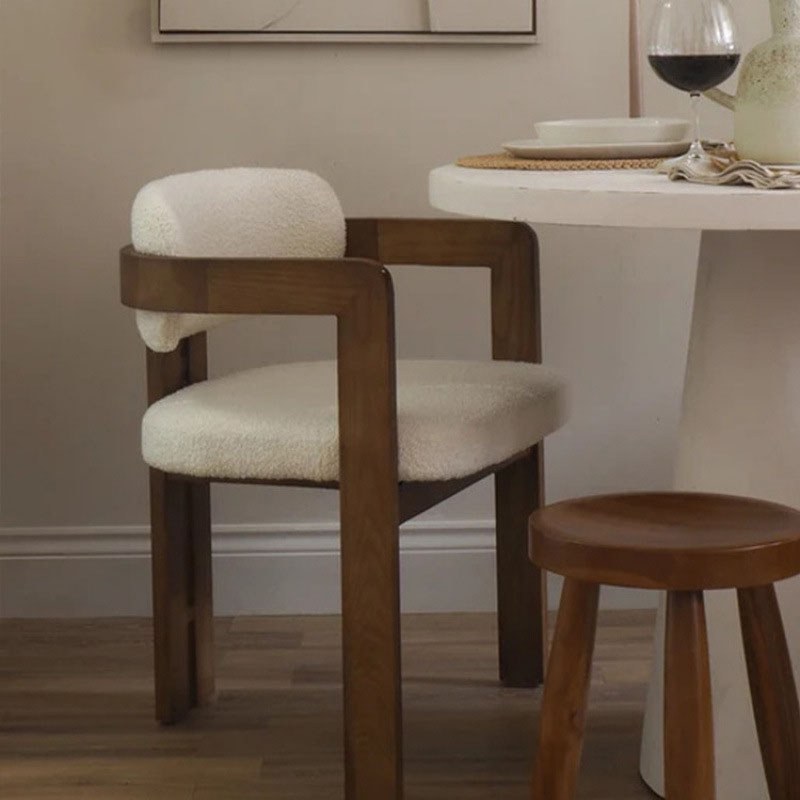 Minimalist Solid Ash Dining Chair with Teddy Fabric Seat