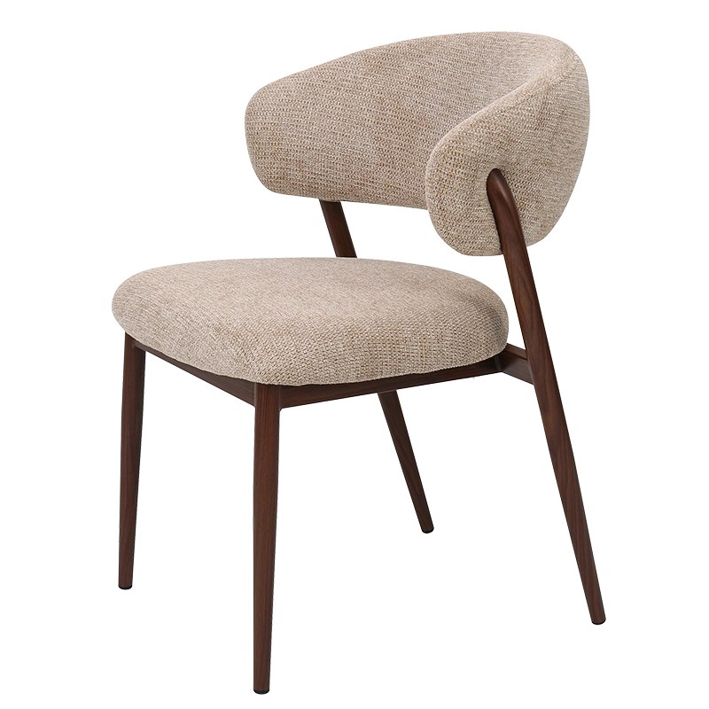 Modern Walnut Dining Chair with Bouclé Seat, Curved Back and Metal Legs