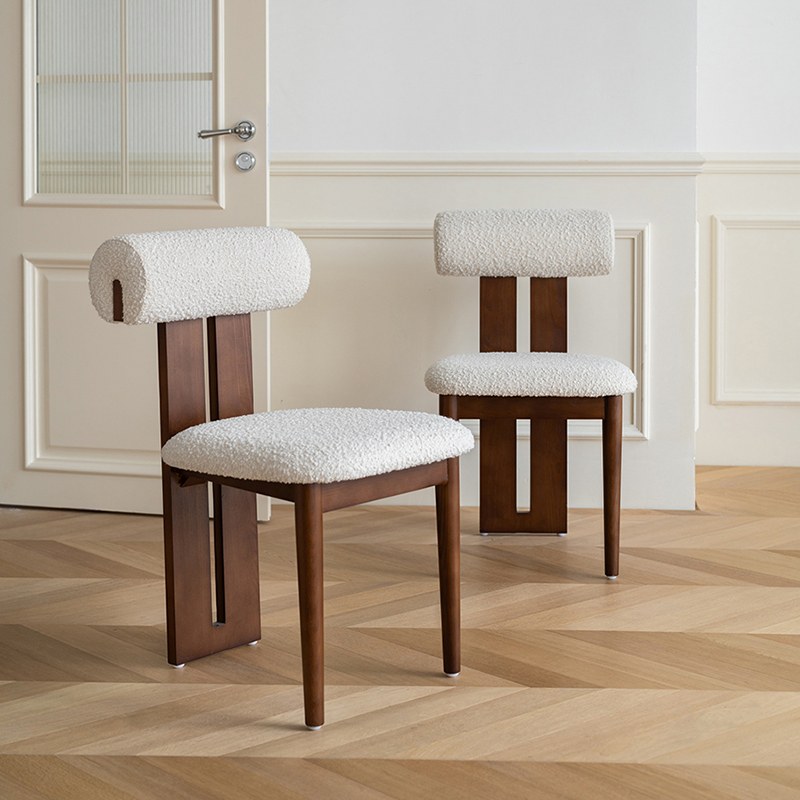 Mid-Century Solid Wood Dining Chair with Bouclé Seat and Slat Back