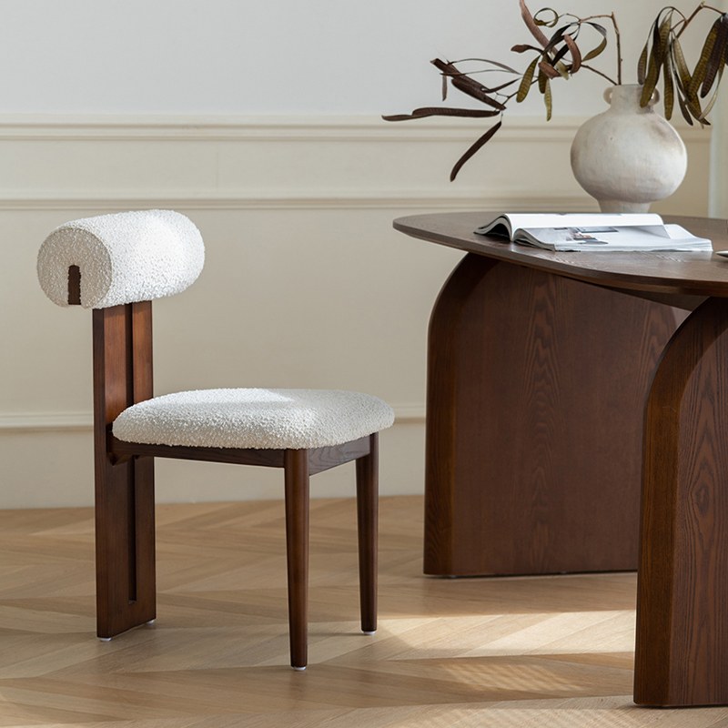 Mid-Century Solid Wood Dining Chair with Bouclé Seat and Slat Back