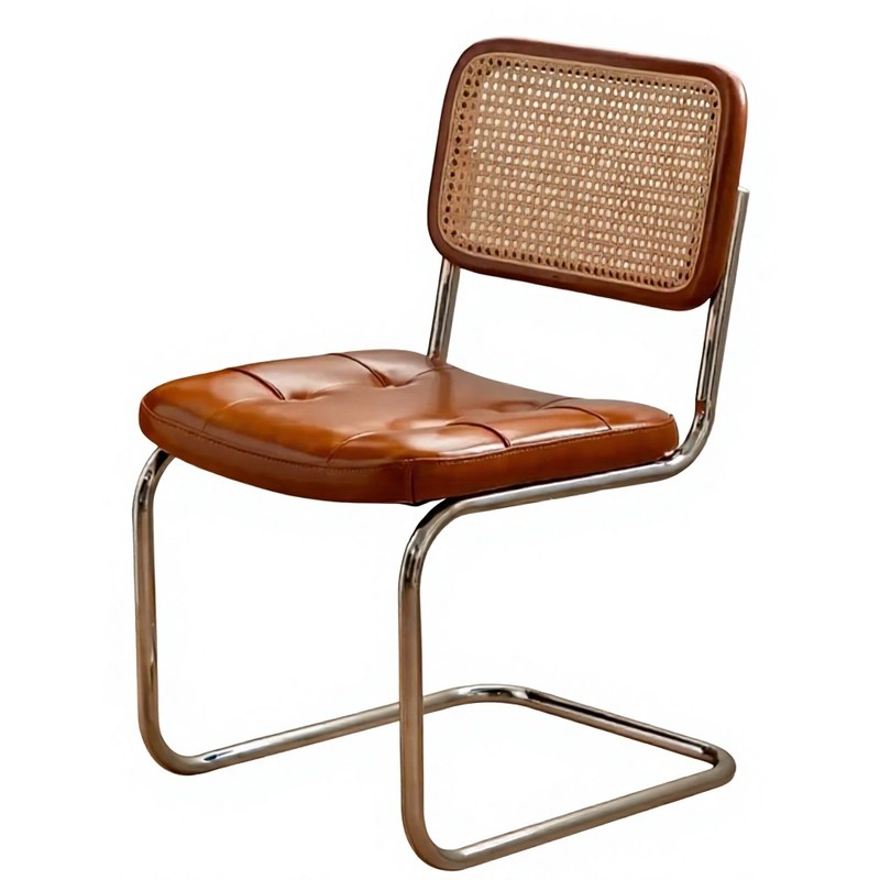 Mid-Century Cane Dining Chair with Leather Seat and Tufted Back
