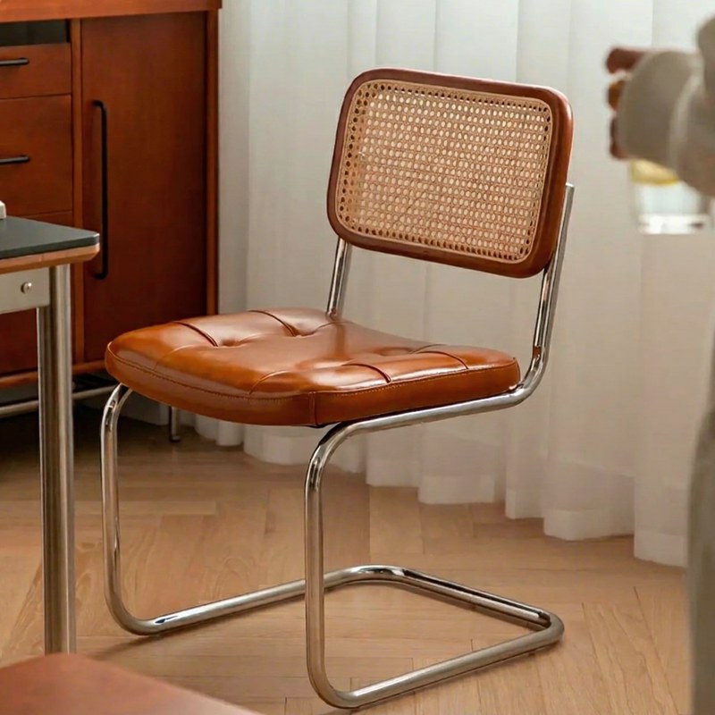 Mid-Century Cane Dining Chair with Leather Seat and Tufted Back