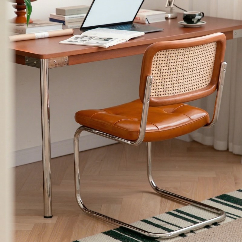 Mid-Century Cane Dining Chair with Leather Seat and Tufted Back
