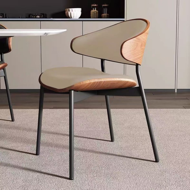 Nordic Solid Wood Dining Chair with Leather Seat, Curved Back and Metal Legs