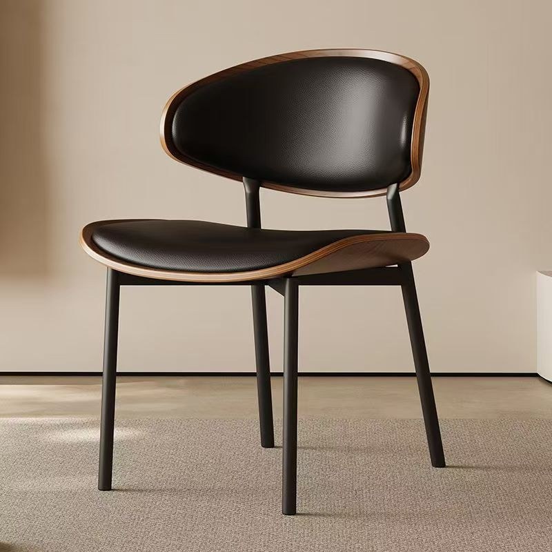 Nordic Solid Wood Dining Chair with Leather Seat, Curved Back and Metal Legs