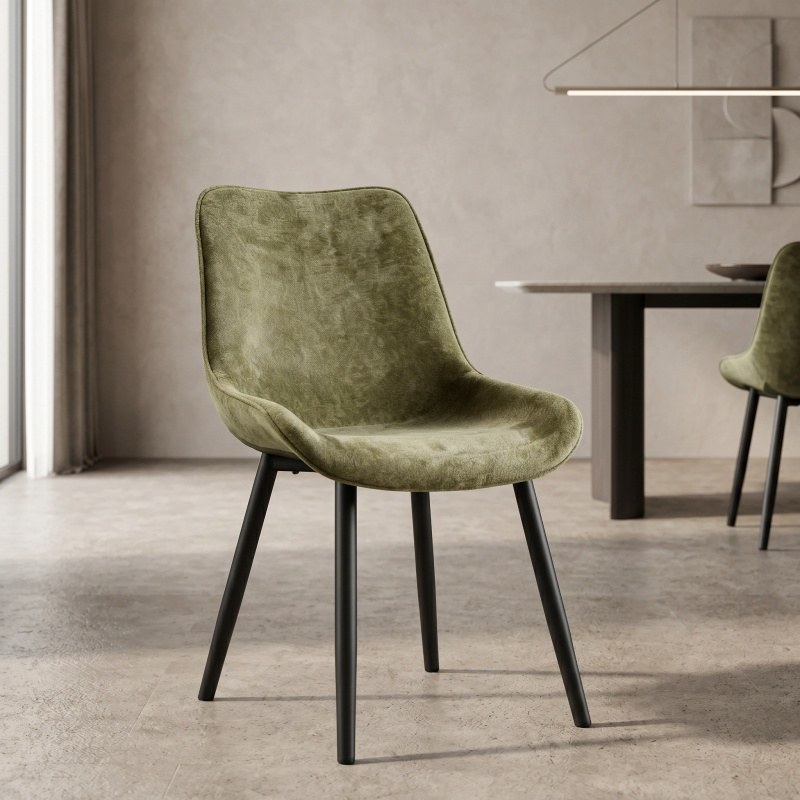 Modern Metal Dining Chair with Upholstered Seat in Green