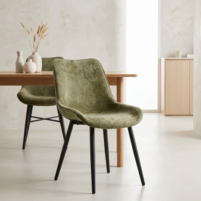 Modern Metal Dining Chair with Upholstered Seat in Green