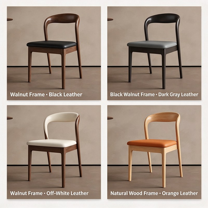 Nordic Solid Wood Side Chair with PU Leather Seat, Curved Back and Ergonomic Back