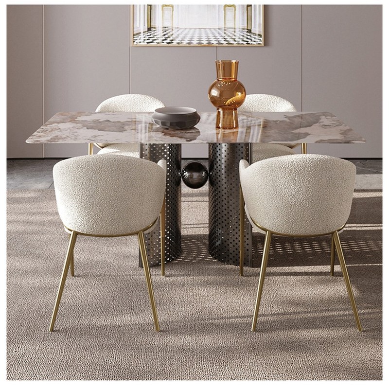 Contemporary Stainless Steel Dining Chair with Bouclé Seat and Brass Legs