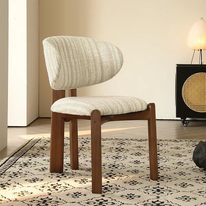 Nordic Solid Wood Dining Chair with Open Back and Padded Seat and Curved Back