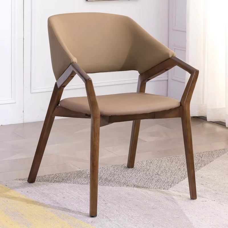 Italian Solid Wood Dining Chair with Leather Seat, Armrests and High Back