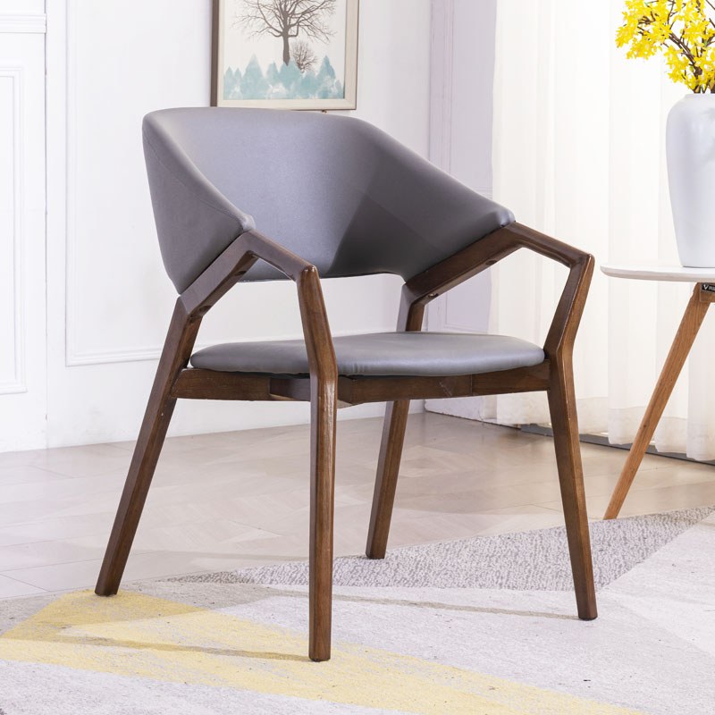 Italian Solid Wood Dining Chair with Leather Seat, Armrests and High Back