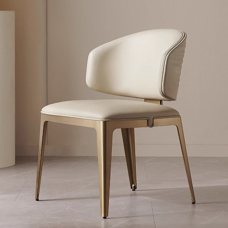 Nordic Metal Dining Chair with Leather Seat and Curved Back in Beige