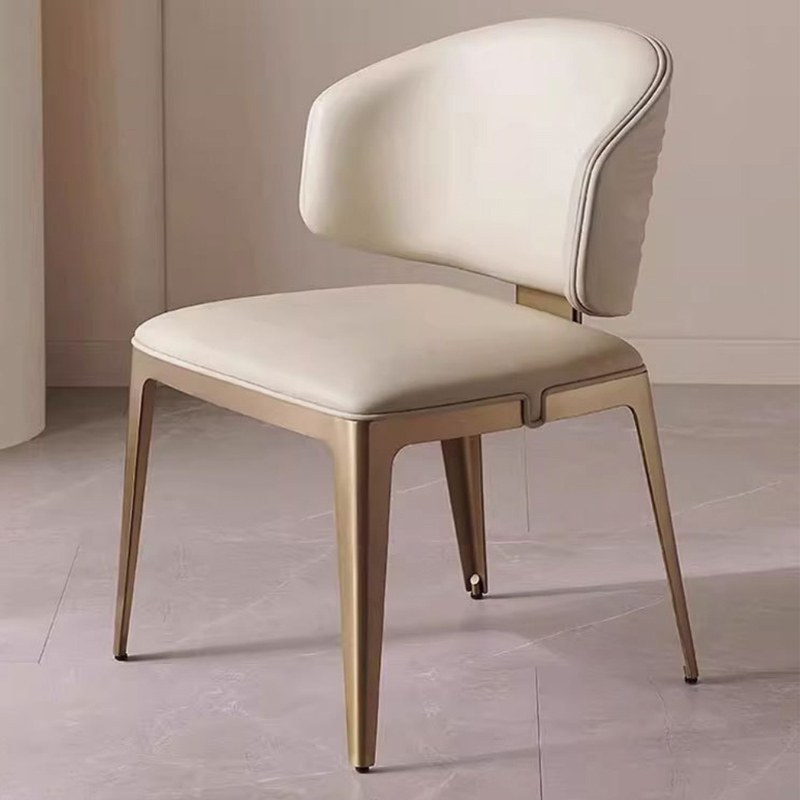 Nordic Metal Dining Chair with Leather Seat and Curved Back in Beige