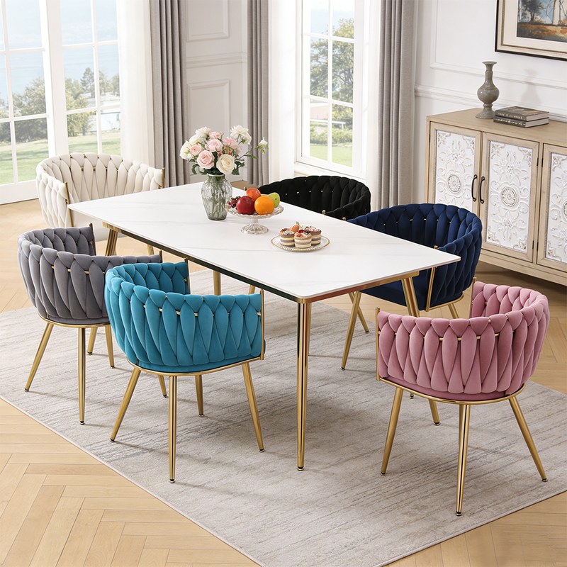 Modern Metal Dining Chair with Light Grey Velvet Seat and Woven Back