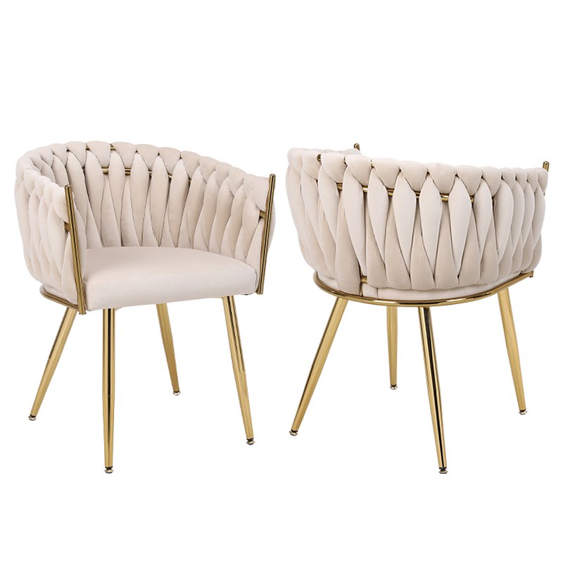 Modern Metal Dining Chair with Light Grey Velvet Seat and Woven Back, second view