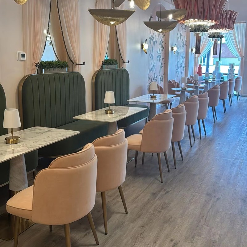 Modern Metal Restaurant Table and Chair Set with Velvet Seats