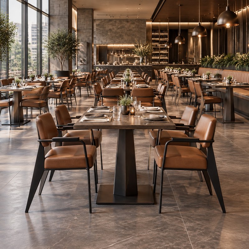 Modern Metal Restaurant Table and Chair Set with Leather Seats
