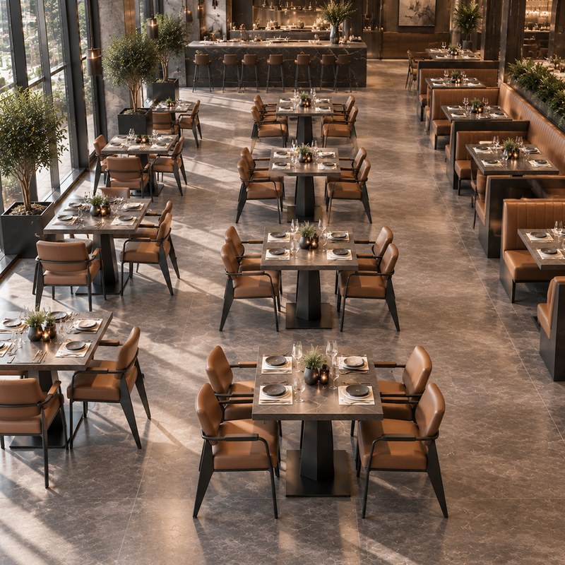 Modern Metal Restaurant Table and Chair Set with Leather Seats, second view