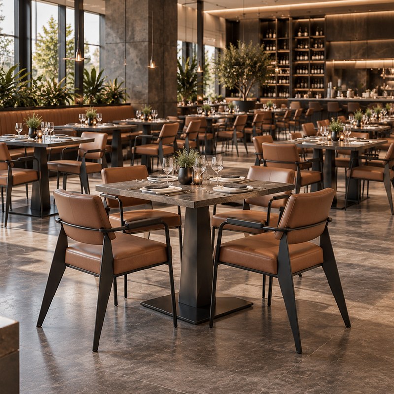 Modern Metal Restaurant Table and Chair Set with Leather Seats, third view