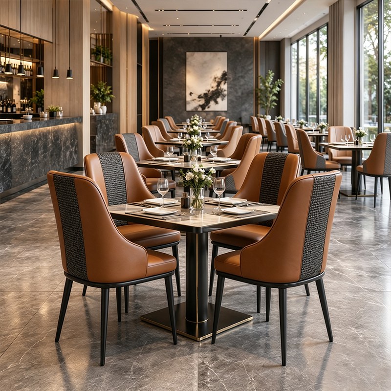Modern Metal Restaurant Table and Chair Set with Leather Seats in Tan