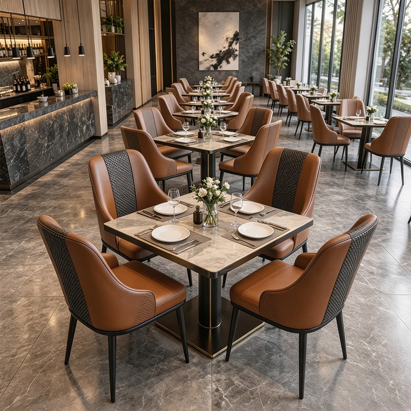 Modern Metal Restaurant Table and Chair Set with Leather Seats in Tan, second view