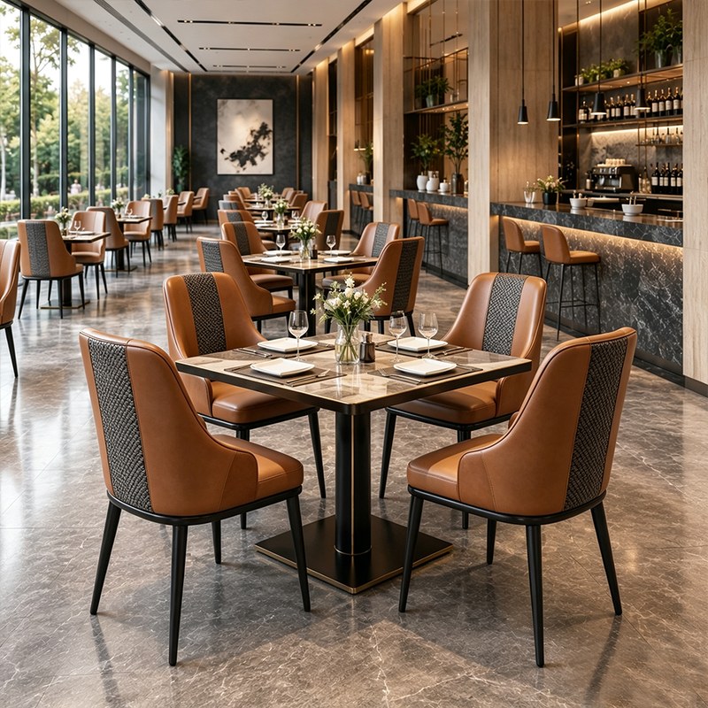 Modern Metal Restaurant Table and Chair Set with Leather Seats in Tan, third view