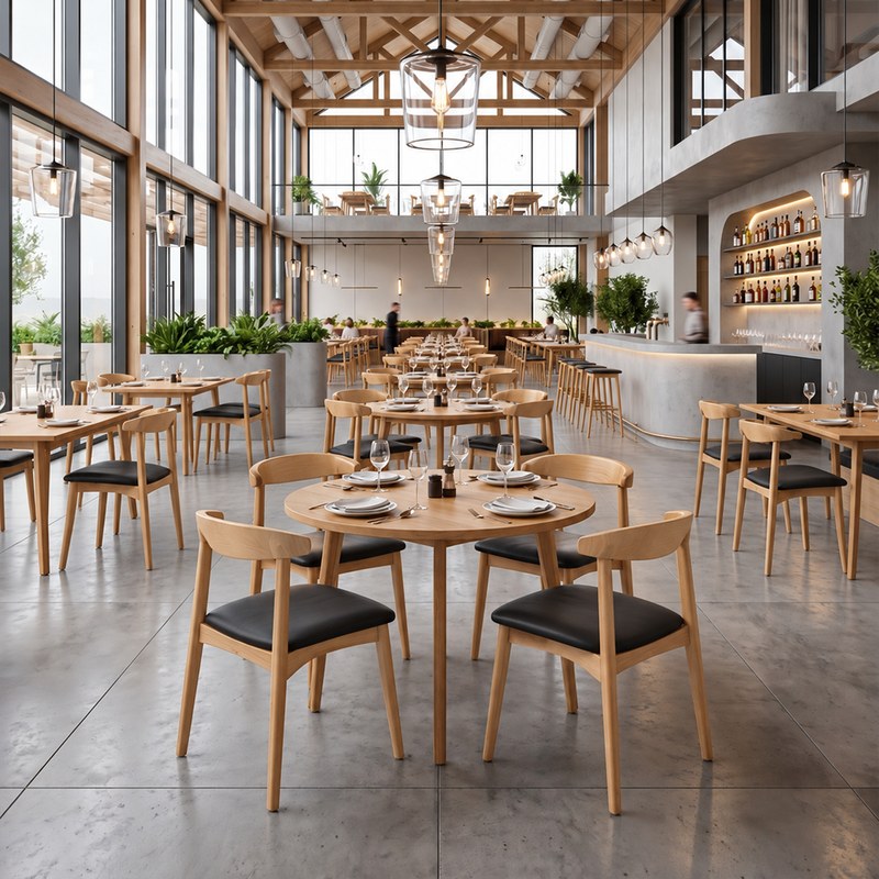Modern Solid Wood Restaurant Table and Chair Set in Brown, second view