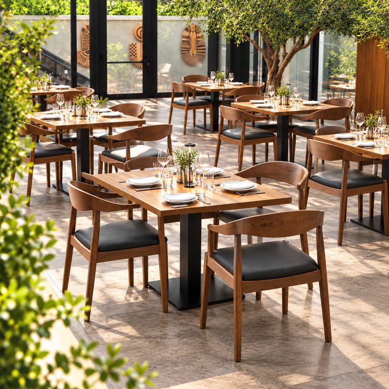 Modern Solid Wood Restaurant Table and Chair Set in Brown, third view