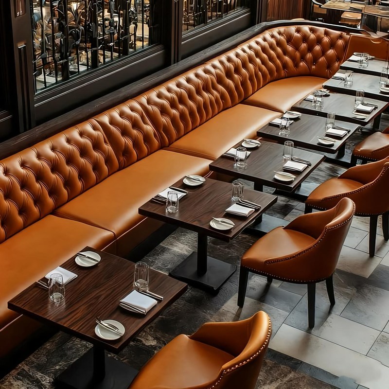 Modern Metal Restaurant Booth Set with Leather Seating and Curved Back