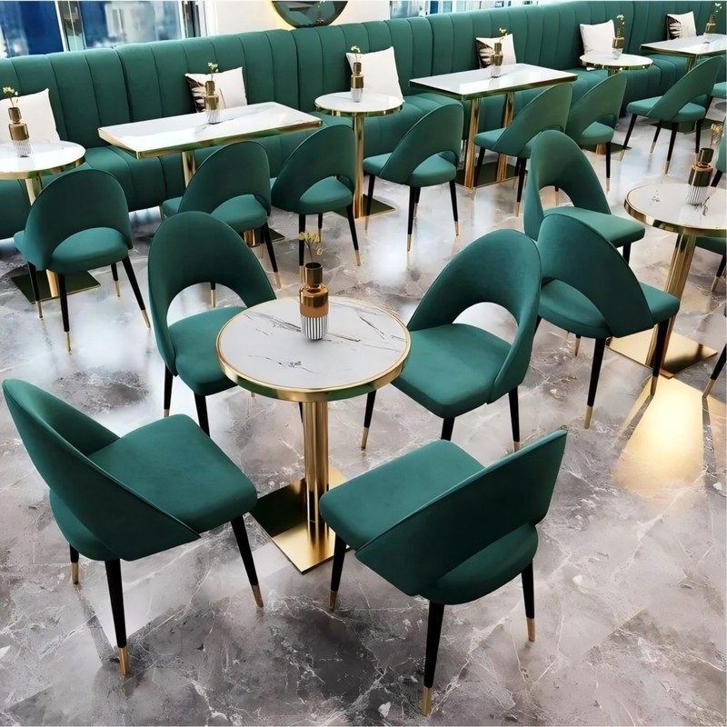 Modern Metal Dining Chair with Velvet Seat in Blue, second view