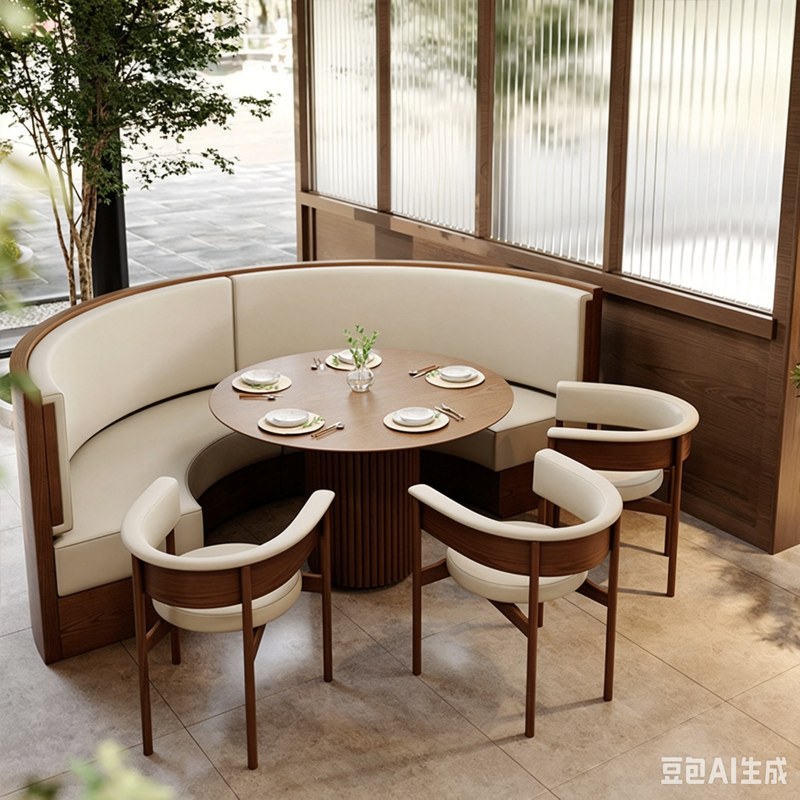Modern Solid Wood Restaurant Booth Set with Solid Back, third view