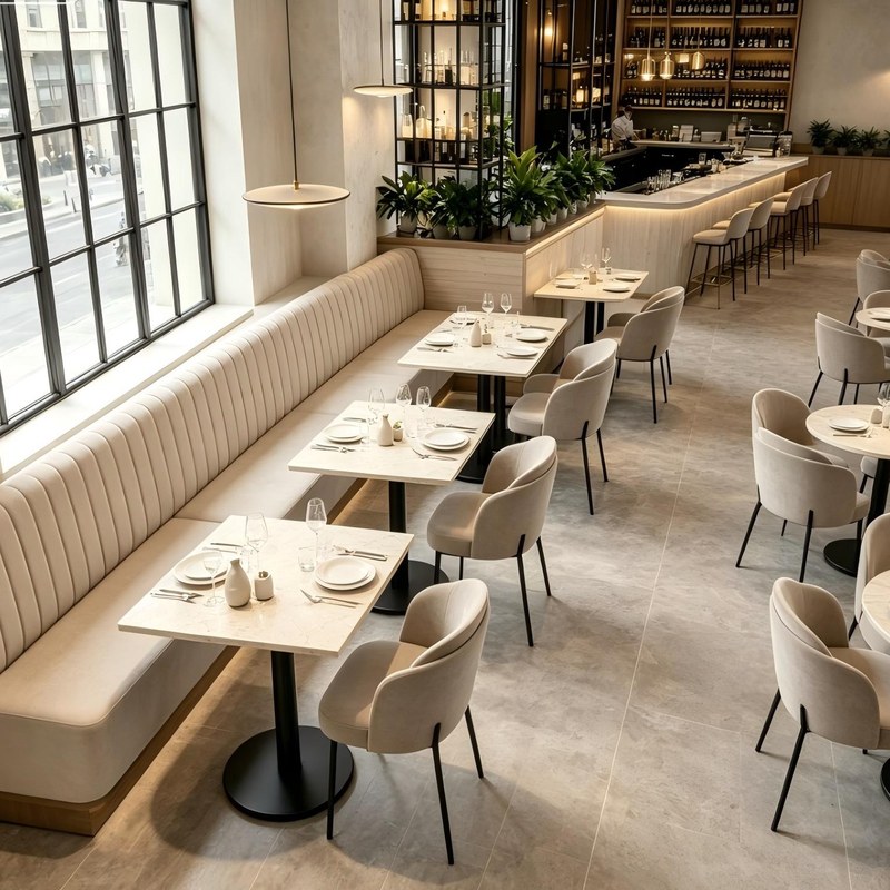 Modern Solid Wood Restaurant Booth Set with Leather Seating and Channel Stitching, third view
