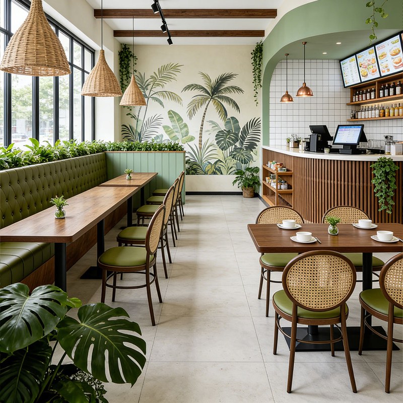 Vintage Rattan Restaurant Booth Set with Leather Seating