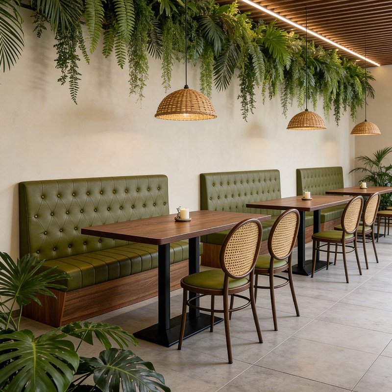 Vintage Rattan Restaurant Booth Set with Leather Seating, third view