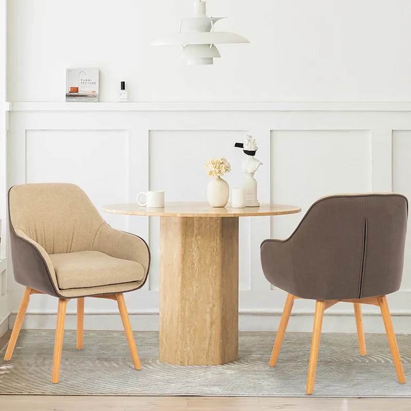 Round Timber Table with Two Upholstered Armchairs