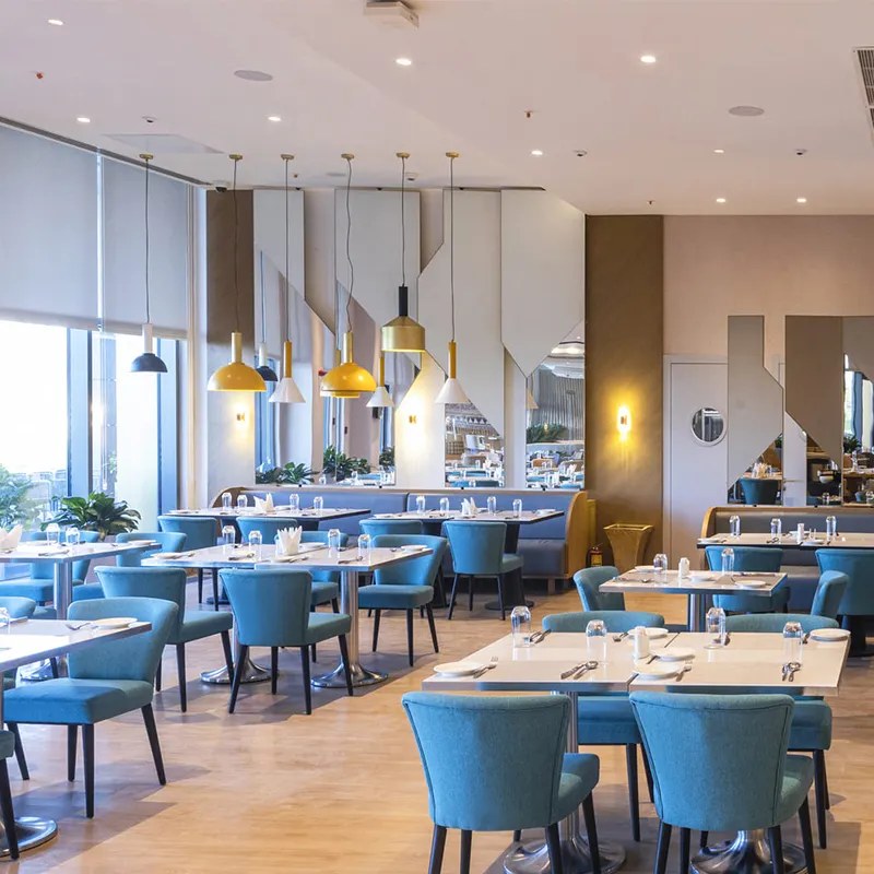 Restaurant Dining Set with Blue Upholstered Chairs