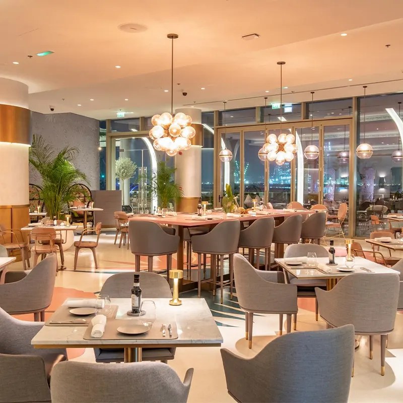 Restaurant Dining Set with Blue Upholstered Chairs, second view
