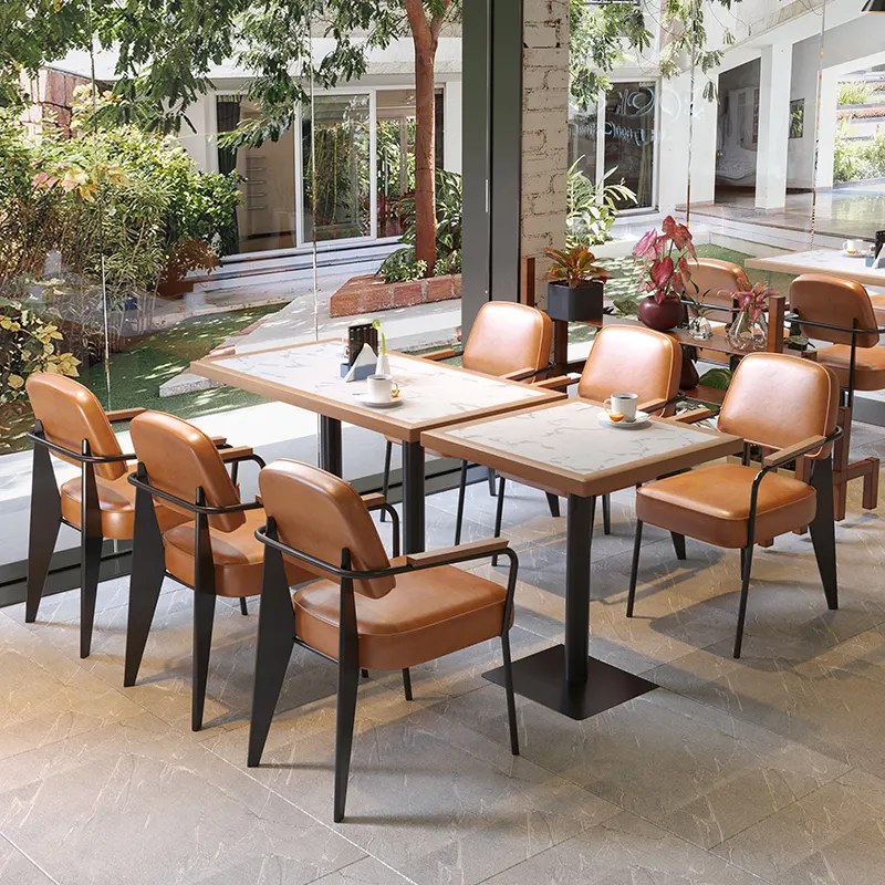 Stone-Top Long Table with Leather Chairs