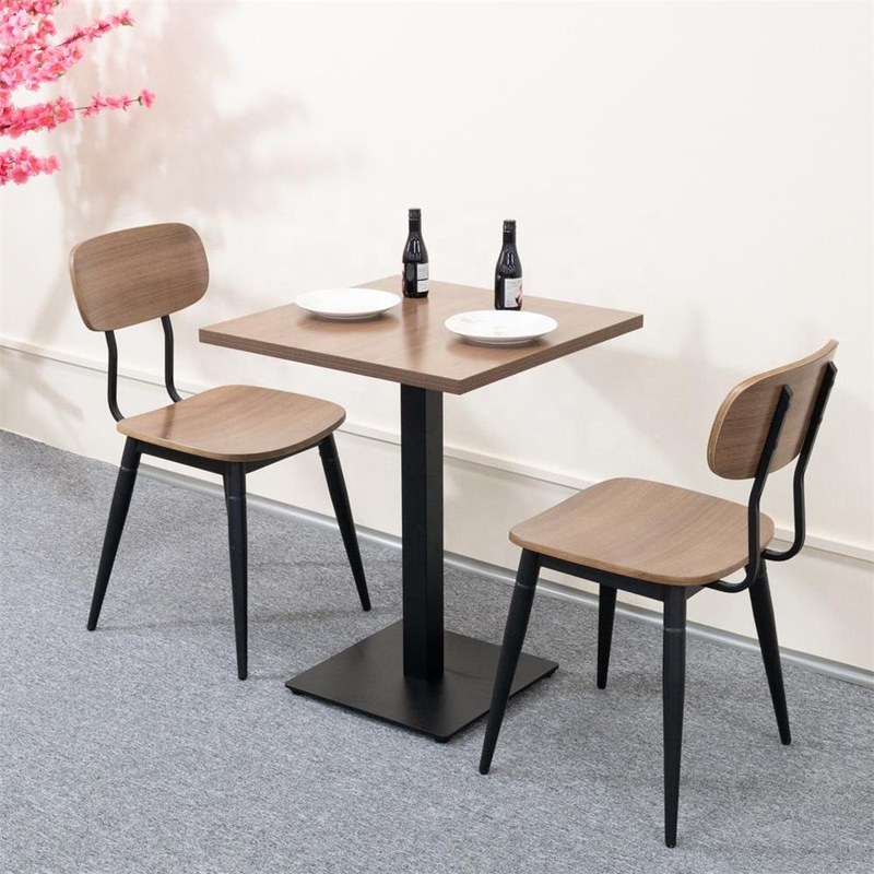 Square Timber Table with Two Metal Chairs