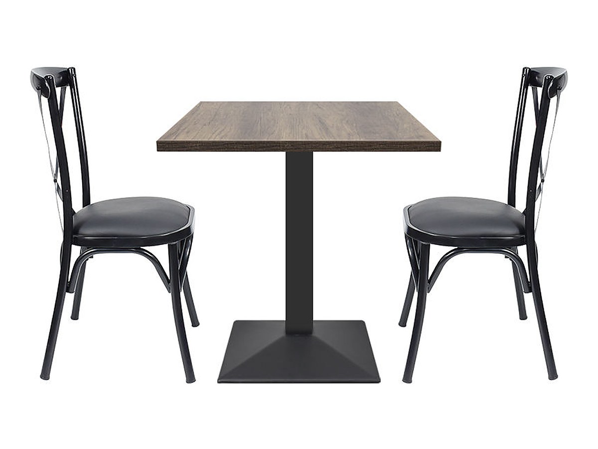 Square table with wood-grain melamine top and black iron pedestal base