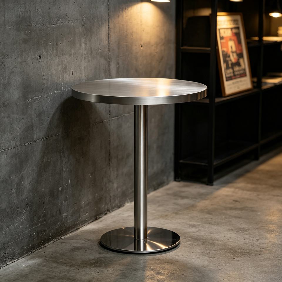 Table against a concrete wall in a loft dining room