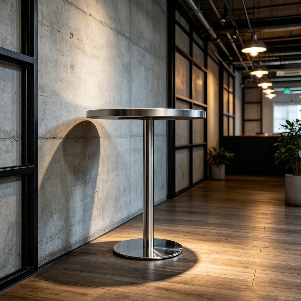 Table in an office corridor with a concrete wall and timber floor