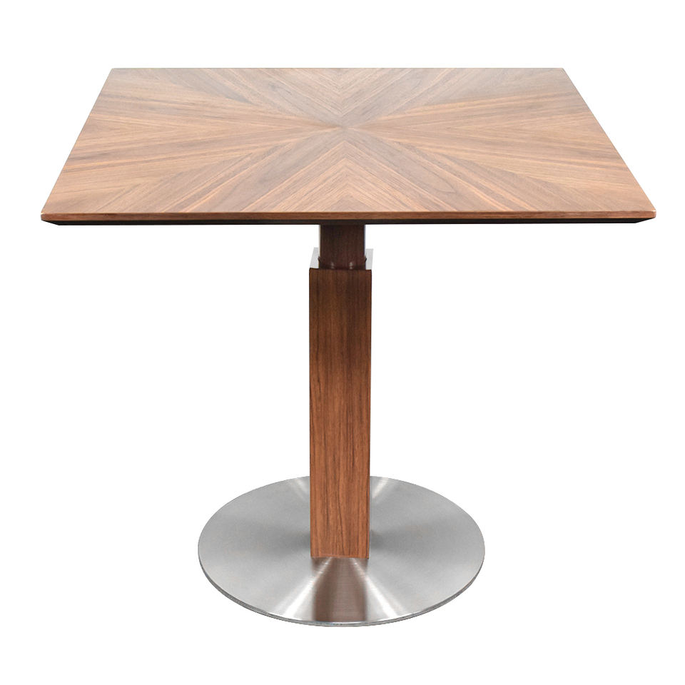Square wood-grain dining table with a matching square column and a brushed stainless steel disc base