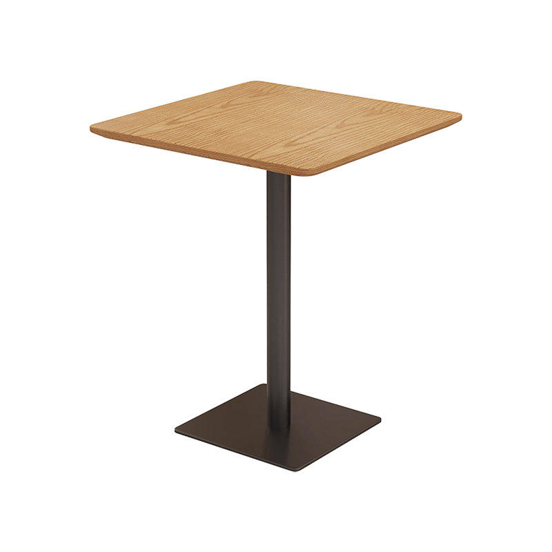 Square solid wood restaurant table on a single column with a flat steel plate base