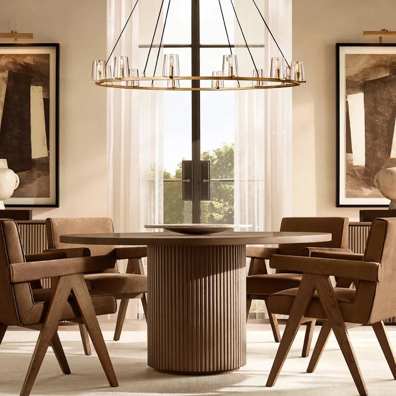 Brown oak version with a lower ceiling over the table and a cross-arm pendant above