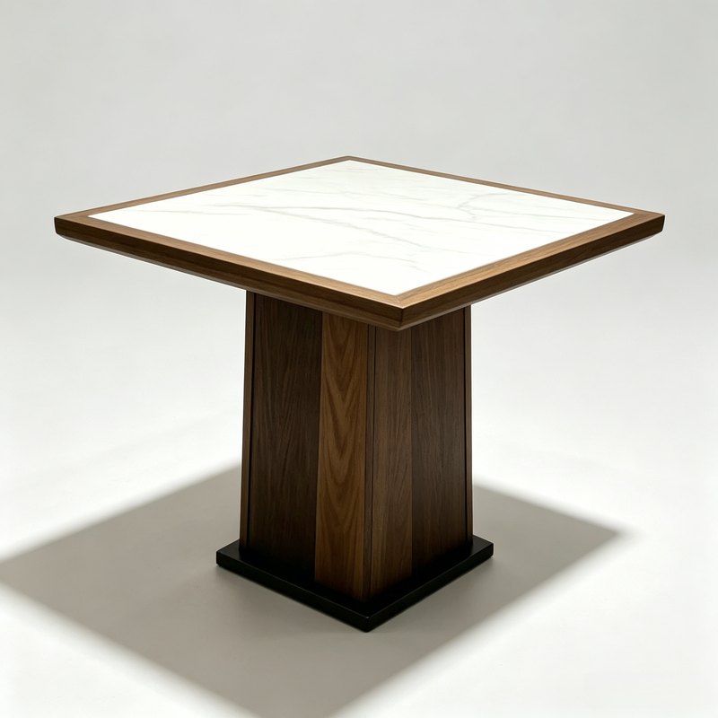 Square version of the same table on the same timber block pedestal and black plinth