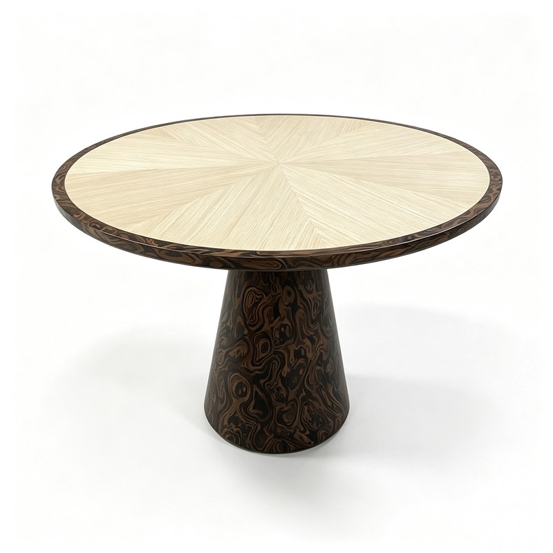 The same round table photographed on white, showing the full radial veneer pattern